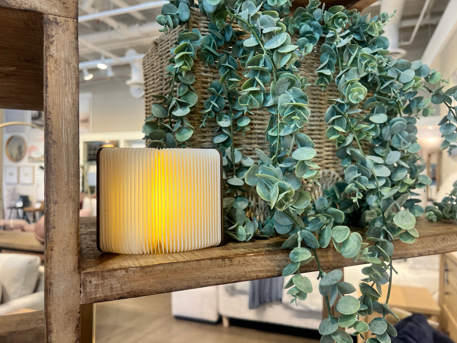 I Lumi Book sitting on a book shelf beside decor foliage basket